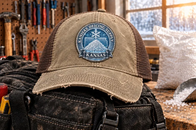Kansas Deicing Supply trucker cap on a tool bag in a workshop