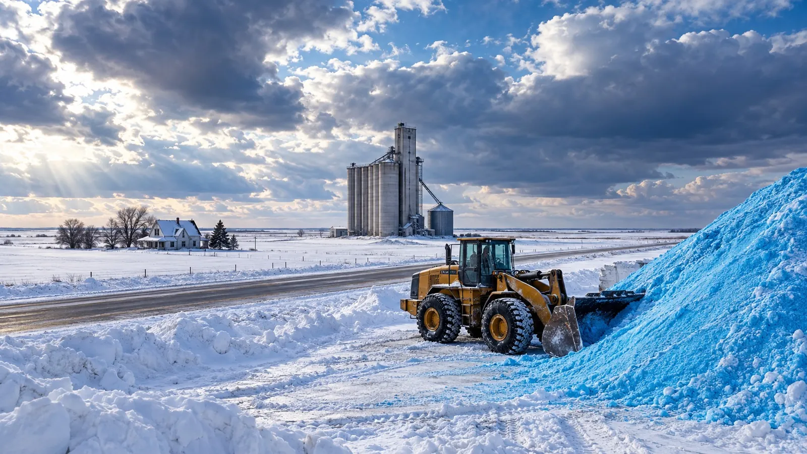 Loader pushing a large pile of blue treated salt beside a prairie highway with a grain elevator under a stormy sky