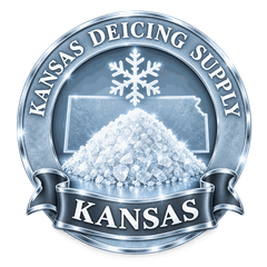 Kansas Deicing Supply badge: snowflake and Kansas outline over a salt pile